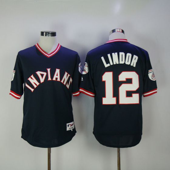 Men Cleveland Indians #12 Francisco Lindor Blue Throwback MLB Jerseys->->MLB Jersey